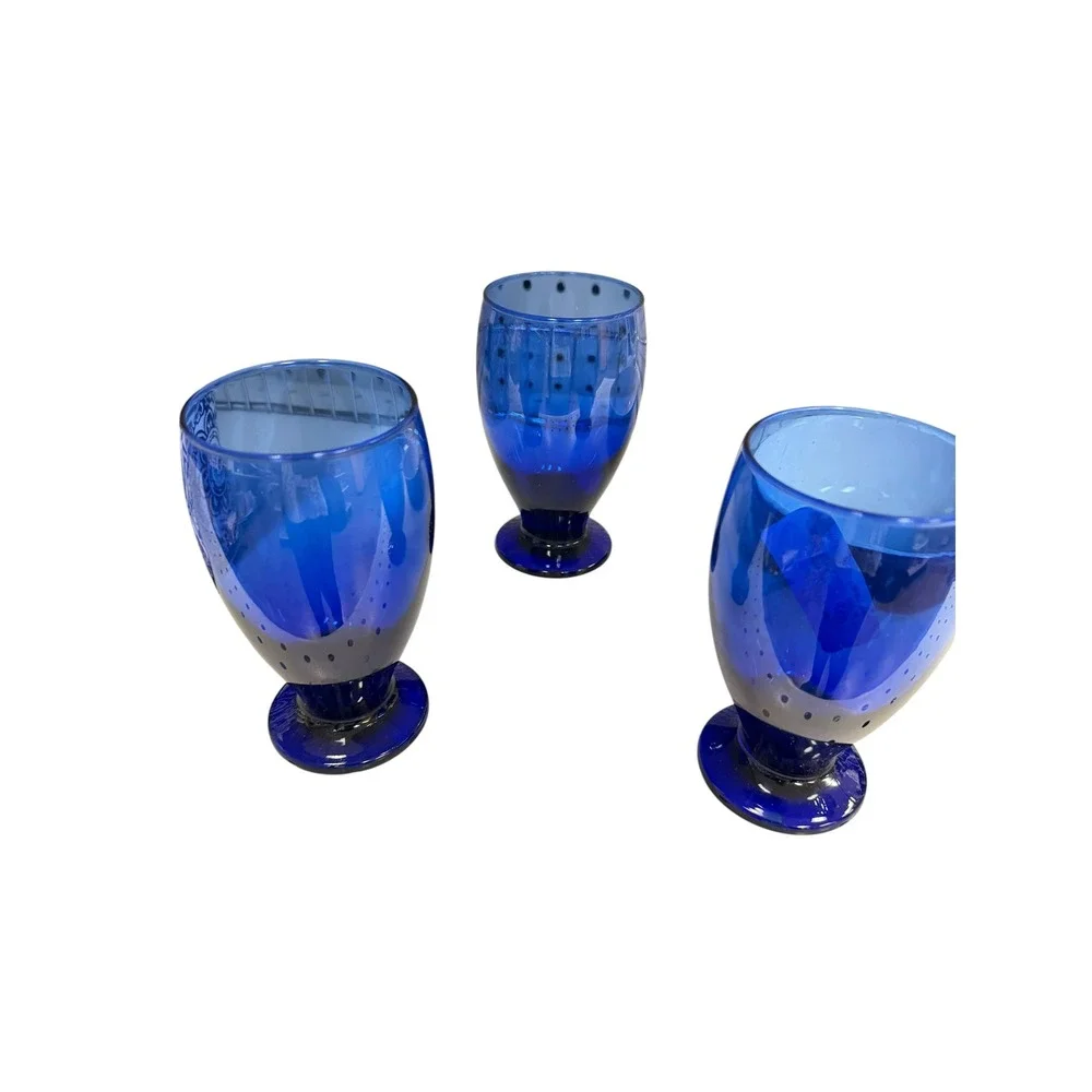 Unbranded Cobalt Blue Blown Glass Goblets Set of 3 Footed Art Glass MCM Style